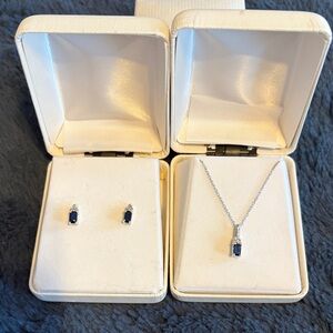 10K White Gold Necklace & Earring Set with Sapphire & Diamond Cluster, 2.1g